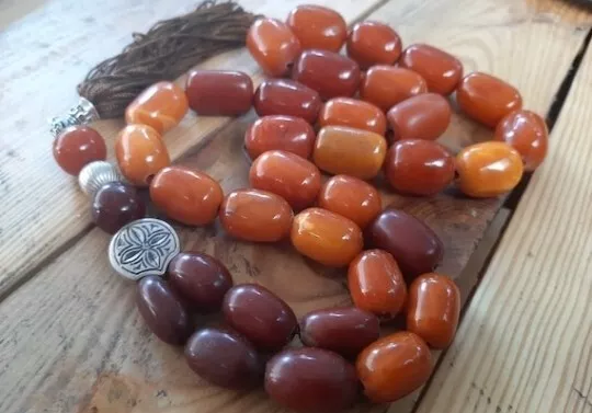 Natural Baltic Amber Vintage Egg Yolk Prayer Islamic 33 beads 124gr شجري الماني