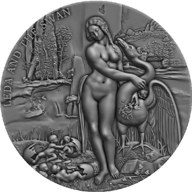 LEDA AND THE SWAN 2023 2 oz Pure HR Silver Antique Finish Coin  Cameroon
