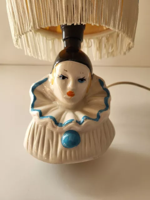 Lampe Tête De Pierrot En Céramique Vintage Années 70 H 24cm Avec L'Abatjour