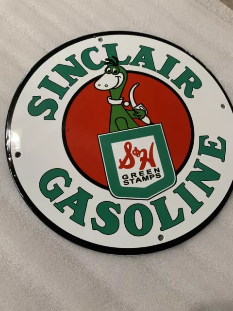 12in SINCLAIR DINO  MOTOR OIL PORCELAIN ENAMEL SIGN OIL Gas Pump Plate