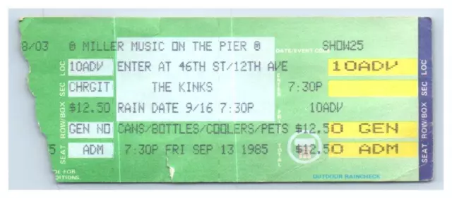 The Kinks Concert Ticket Stub September 13 1985 New York York City