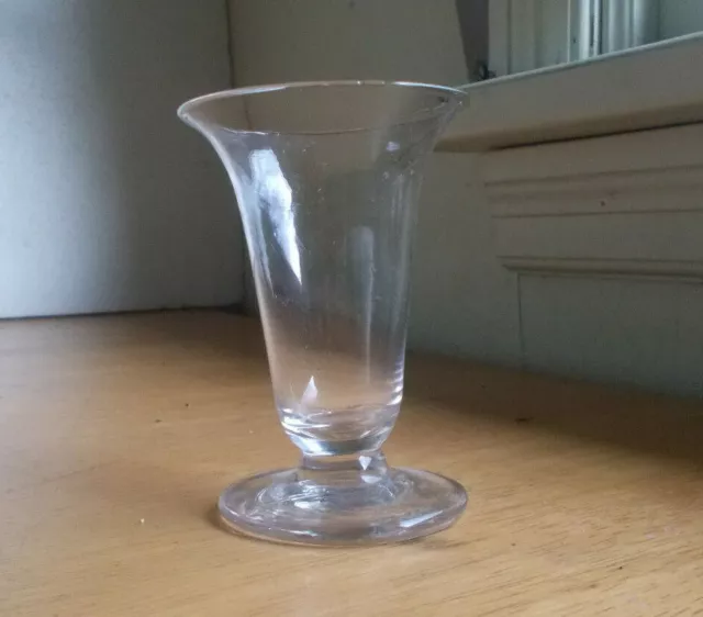 1840s EARLY PONTILED FREE BLOWN JELLY GLASS WITH APPLIED FOOTED BASE FLINT GLASS