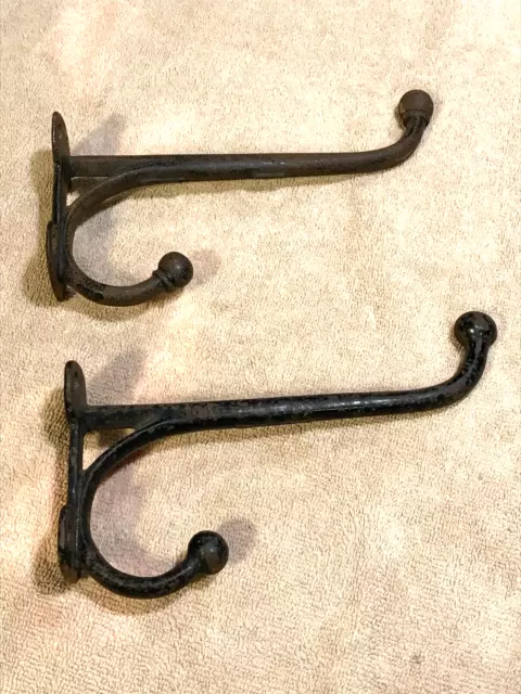 ANTIQUE VINTAGE  CAST IRON WALL HOOKS - 8" LONG HEAVY DUTY    - 2 pc. OLD PAINT