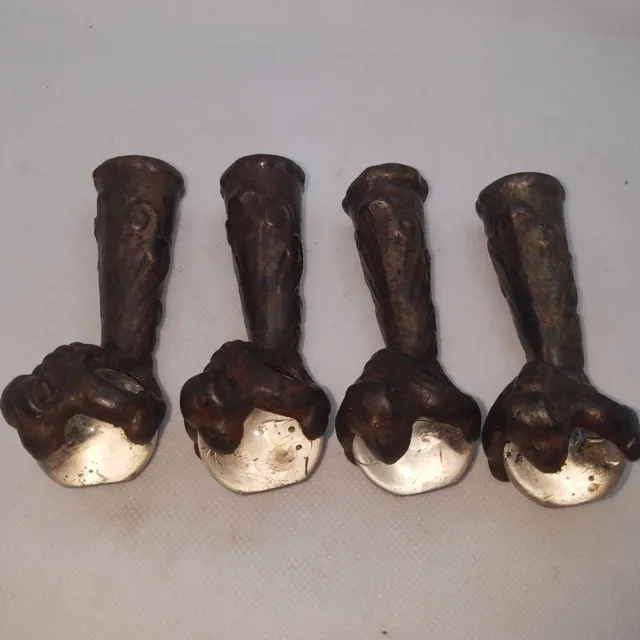 Lot Set of FOUR 4 Antique Iron Claw and Glass Ball Foot Terminals piano stool