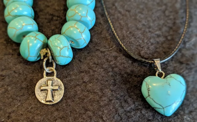 Turquoise heart necklace and cross bracelet set