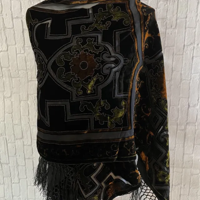 CCC Silk Bottom Rayon Velvet Top Fringed Scarf Floral Geometric Shimmer 21x71 In
