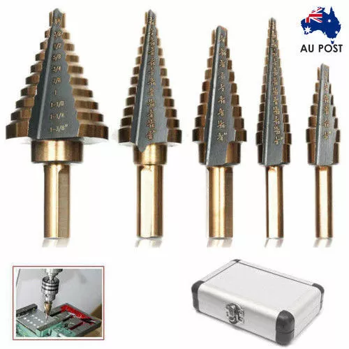 5PCS HSS Step Steel Cone Drill Titanium Bits Kit Set Hole Cutter + Aluminum Case