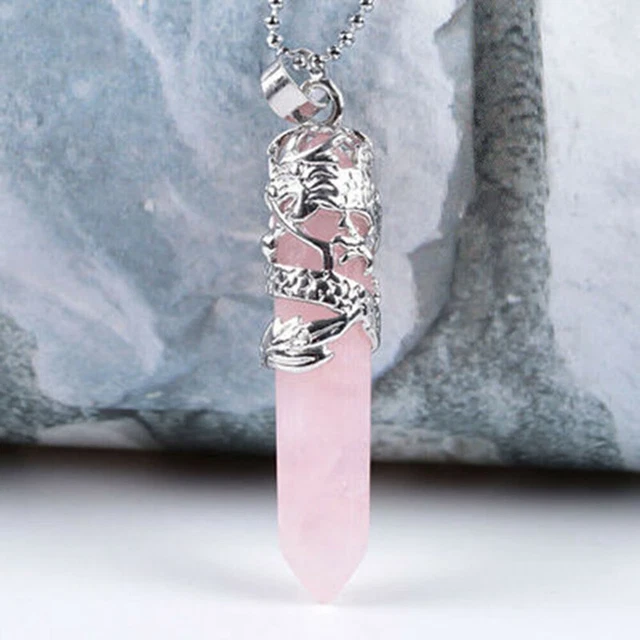 Natural Rose Quartz Crystal Hexagonal Wand Pendant Chakra Point Stone Necklace