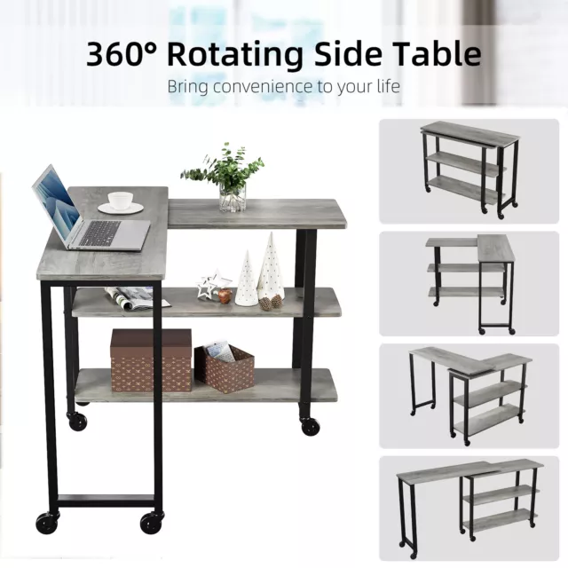 360° Rotating Side Table Mobile Couch Desk with 2 Tier Storage Shelves, 6 Caster