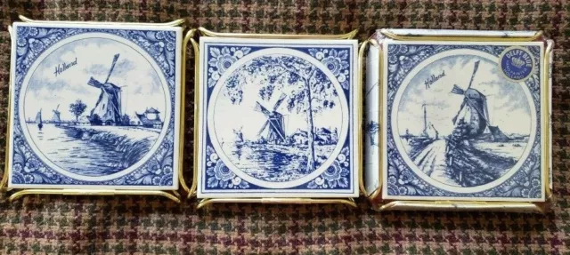 3 Holland Delft Blue Windmill Tiles Trivets Hand Painted Royal Mosa Holland