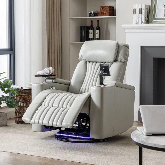 270° Power Swivel Rocker Recliner,Home Theater Seating With LED Light Strip USB
