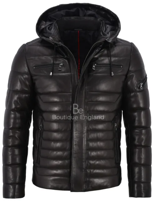 Men's Puffer Hooded Real Lambskin Napa Leather Sport Jacket Fully Quilted 2006