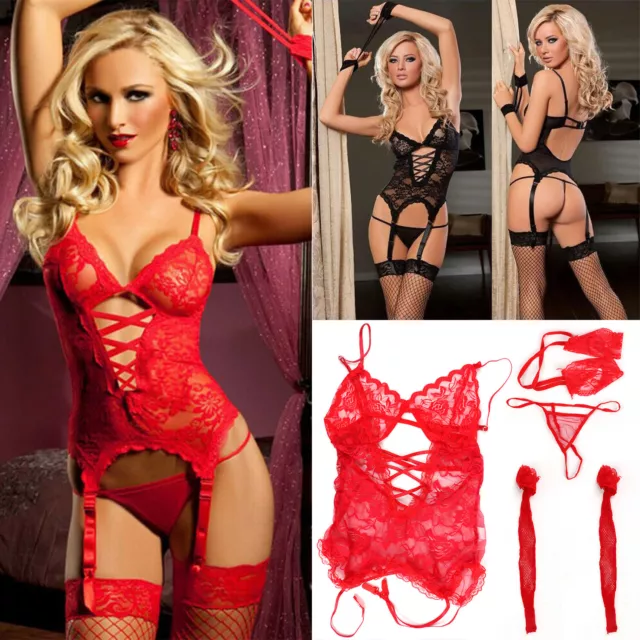 Women Ladies Sexy Lace Lingerie Set Nightwear Thong Babydoll Underwear Bodysuit