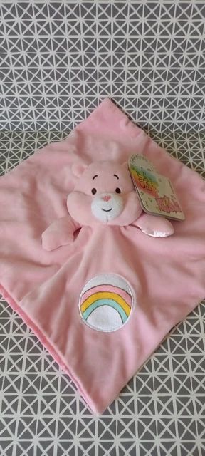 Doudou plat grelot ours rose arc en ciel Bisounours Care Bears baby neuf