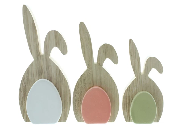 Lepre " - Uovo Di ",3er Set Coniglio IN Legno Con Pasqua,Statua