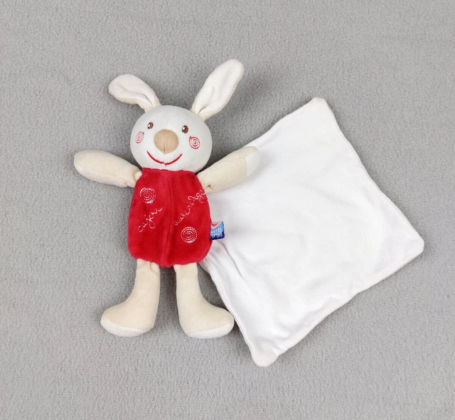 Doudou lapin Cajou SUCRE D’ORGE rouge spirales mouchoir blanc tissu