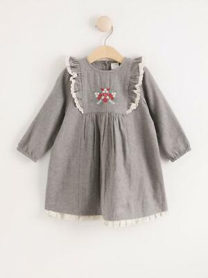 LINDEX Baby Girls Embroidery & Flounce Dress Age 9-12 Months BNWT £26.89 Grey
