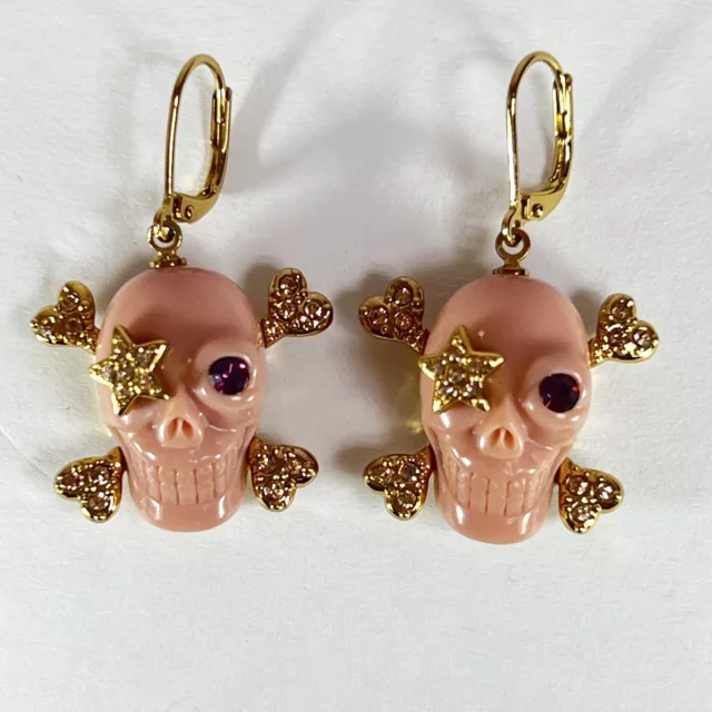 Wildfox Couture Skull Crossbones Drop Earrings Pink And Gold Tone With Dust Bag 3