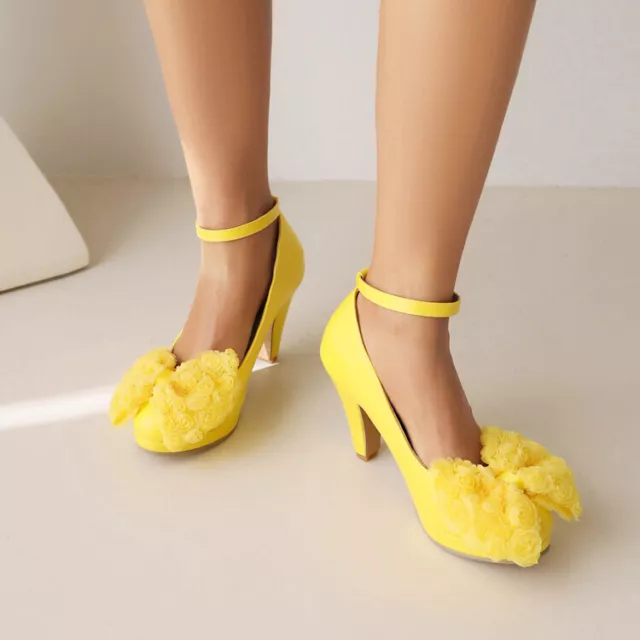Womens Plus Size Bowtie Mary Jane Block Heel Ankle Strap Shoes Dress Pumps Party