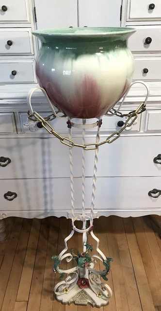 VINTAGE FRENCH WHITE Metal Jardiniere Plant Stand Painted Flowers
