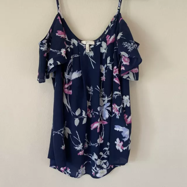 Joie Navy 100% Silk Adorlee Cold Shoulder Floral Blouse Top Shirt Womens Small 3