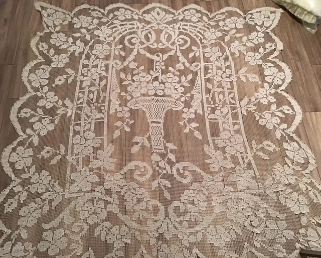 Dessus De Lit Ancien En Lin Blanc – Dentelle Au Crochet – 210x240 Cm – France