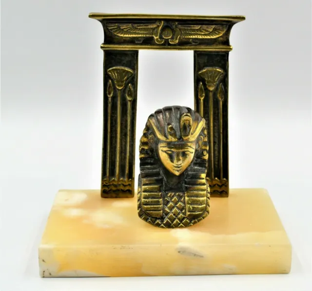 Antique Egyptian Revival Pharaoh Souvenir Brass & Marble Letter Holder Desktop