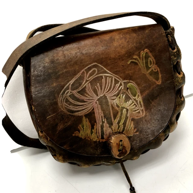 VTG 70’S HAND Tooled Leather Purse MUSHROOM Butterfly Handbag HIPPIE
