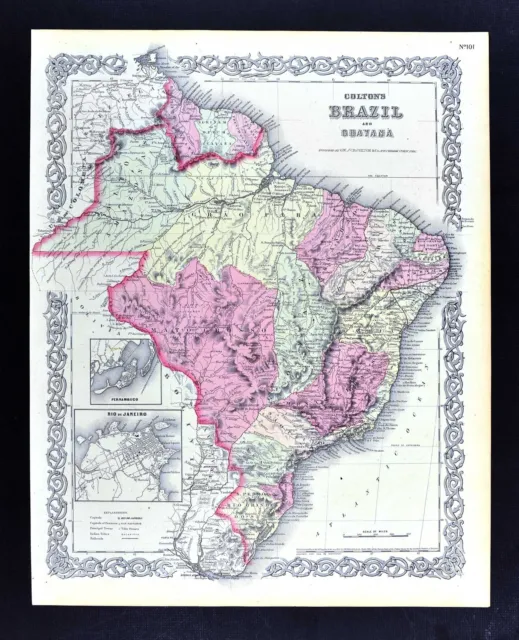 1865 Colton Map - Brazil Brasil Amazon Rio de Janeiro Bahia Recife South America