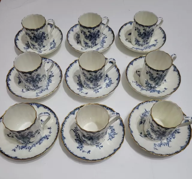 Royal Worcester MANSFIELD Demitasse Set, Azul, Blanco, Oro, Inglaterra Lote de 9