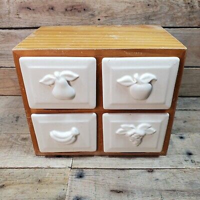 Wooden Ceramic Drawer Cabinet Spice Tea Box Trinket Chest White Country