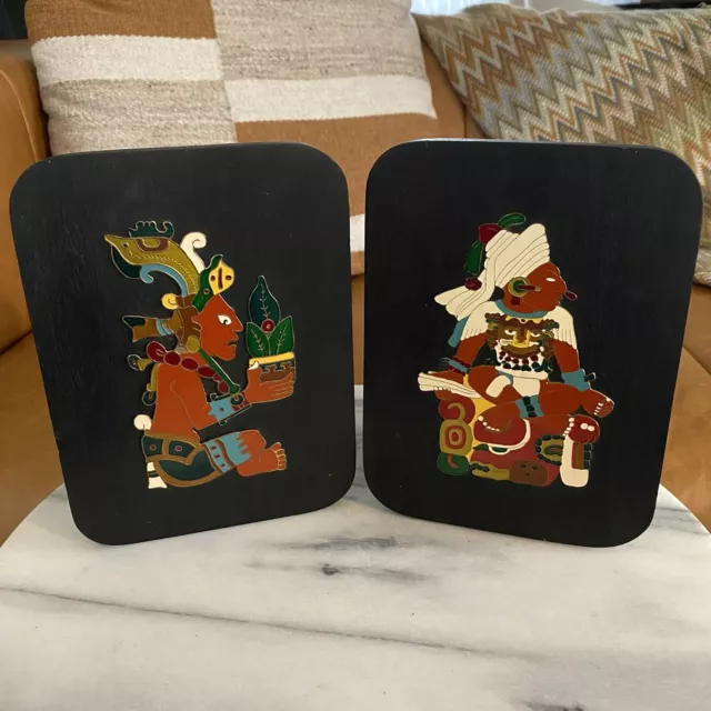 Vintage MCM Pair Mayan God Mexican Art Enamel Metal Wood Black Wall Art