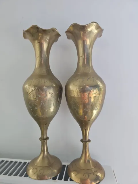Pair of Vintage  Brass Etched/Engraved Vases 25cm