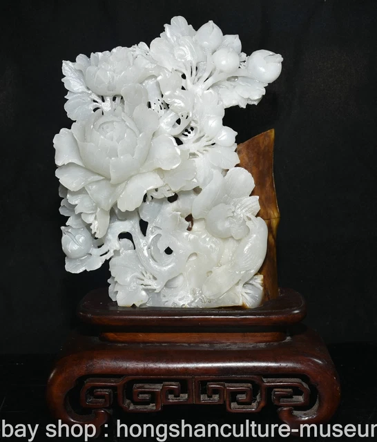 12" Old Chinese Natural Hetian Jade Carving Peony Flower Bird Wood Base Statue