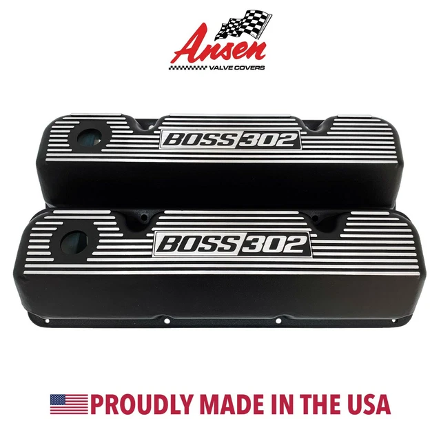 Ford 351 Cleveland BOSS 302 Black Finned Valve Covers - Custom Engraved, Style 1