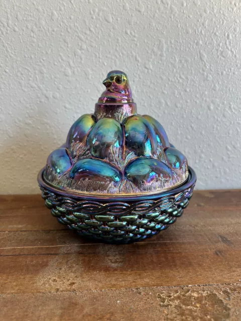 Westmoreland Glass Chicken on Nest with Eggs Cobalt Carnival Lidded Box