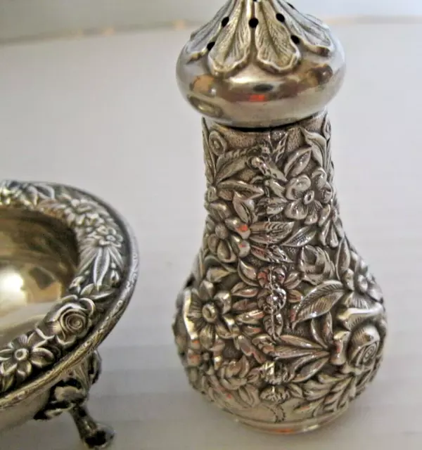 Repousse  S. Kirk & Son Sterling Silver Open Footed Salt Dish 3.25 & Pepper 3.25 2
