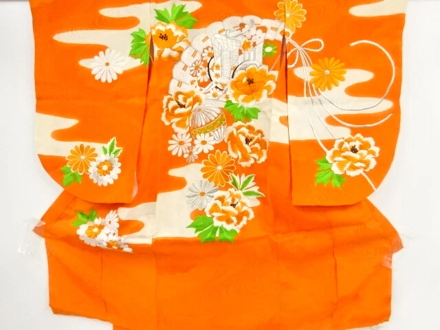 45725# Japanese Kimono / Antique Kimono For Girls / Embroidery / Carriage &