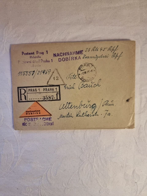 Böhmen und Mähren Postsache Nachnahme-R-Brief Prag nach Altenburg 1943
