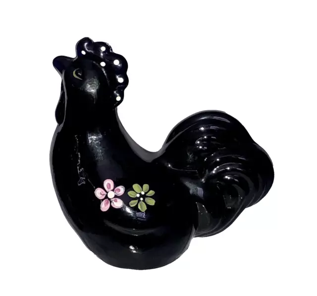 Fenton Glass Black Rooster Figurine - Flower Power Collection - Hand Painted 2