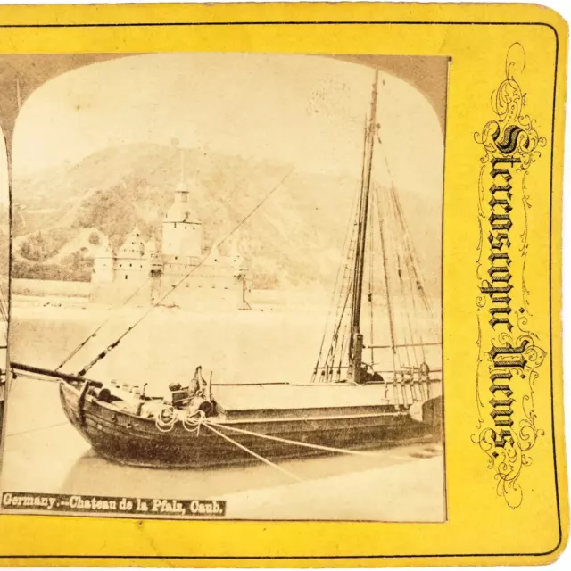 Pfalzgrafenstein Castle Sailboat Ship Stereoview c1870 German Boat Germany E463