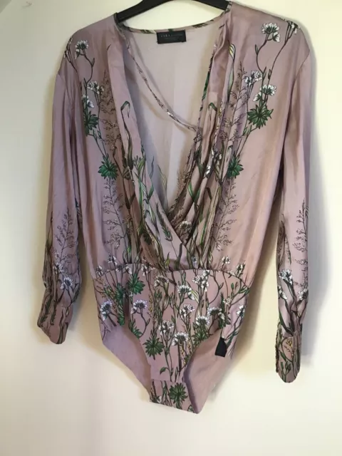 Zara Lilac/pink  Floral Wrap Bodysuit Long Sleeves Size S