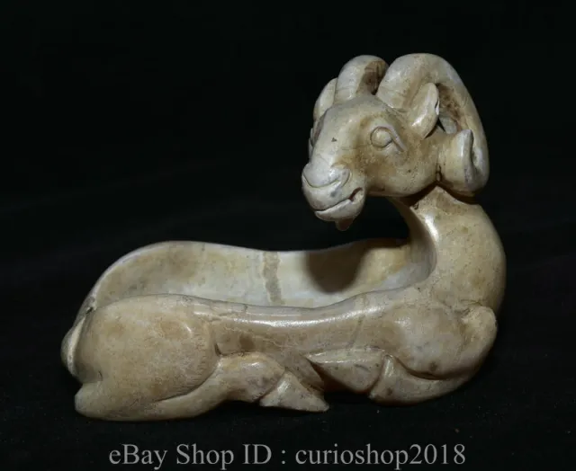 3.7 " Old Chinese Natural Hetian Jade Carved Animal Sheep Head Ashtray Inkstone