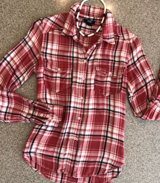 PAIGE "Mya" Plaid Flannel Plaid Button Down Shirt Pockets Cedar/Cream/Blue Sz S