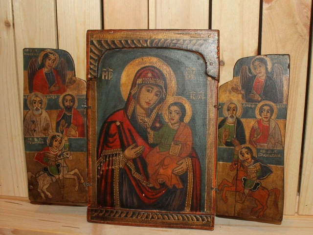 ANCIENNE ICÔNE TRIPTYQUE religieuse peinte à la main Jésus Christ