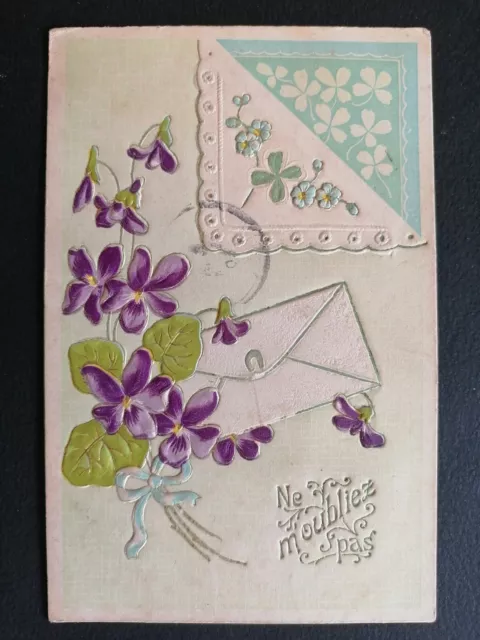 CP Ancienne de 1906 FANTAISIE Gaufrée Fleurs BOUQUETS de VIOLETTES Lettre rabat