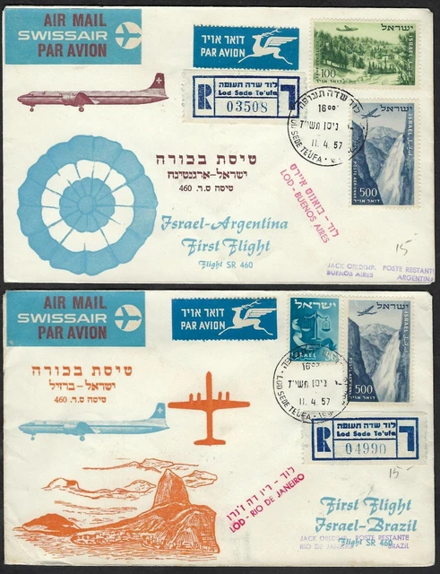Isreal 1957 First Flight To Argentina & Brazil 7 Cover Including