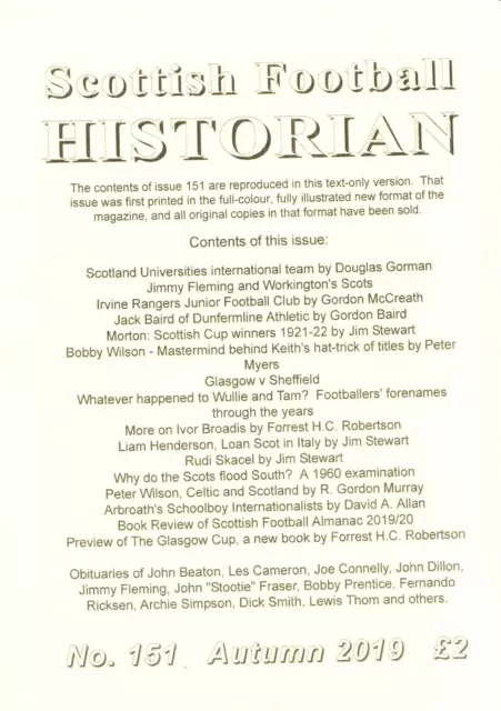 SCOTTISH FOOTBALL HISTORIAN magazine No.151 Autumn 2019 edition