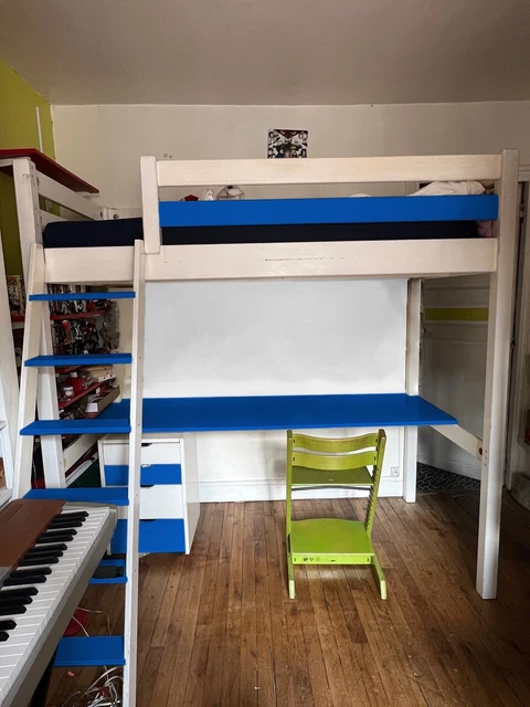 Lit Mezzanine Alinéa Blanc Laqué Avec Bureau, Placard, étagère Et Matelas, 190 Cm