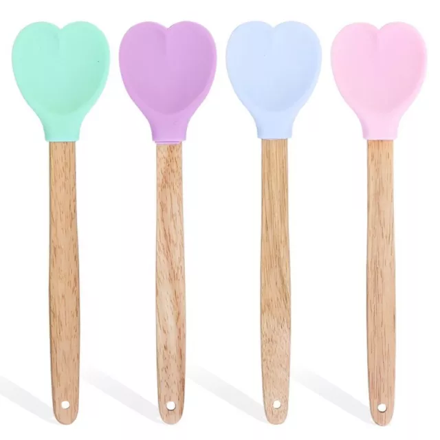 Cream Scoop Heat Insulation Heart-Shaped Silicone Stirring Spoon Wooden Handle